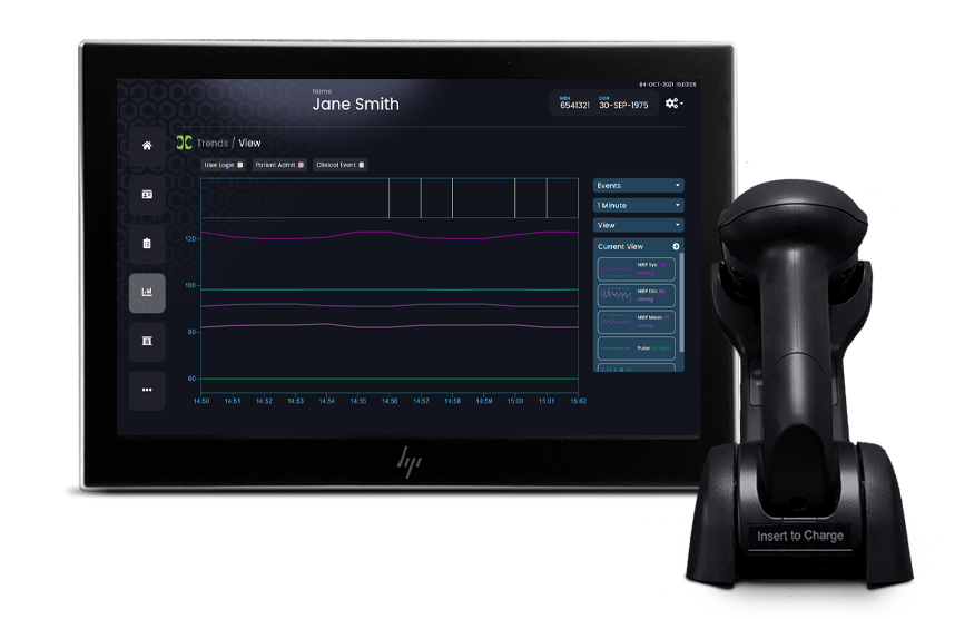 DocBox Apiary software, Trends Screen, displayed on an HP Engage One Pro with barcode scanner nearby